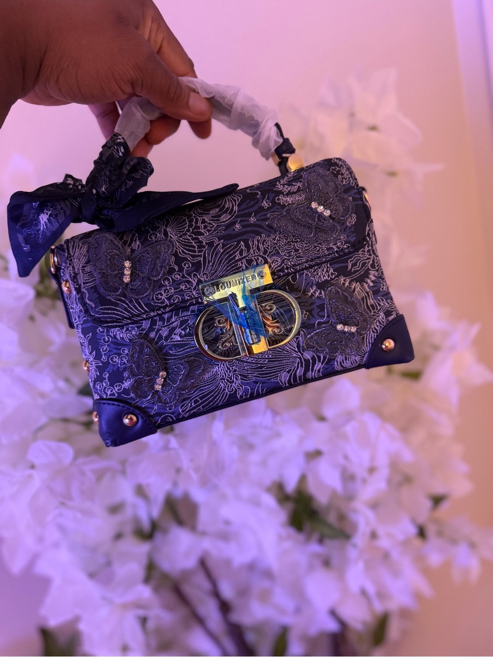 Embroidered Navy Mini Top-Handle Bag with Gold-Tone Hardware